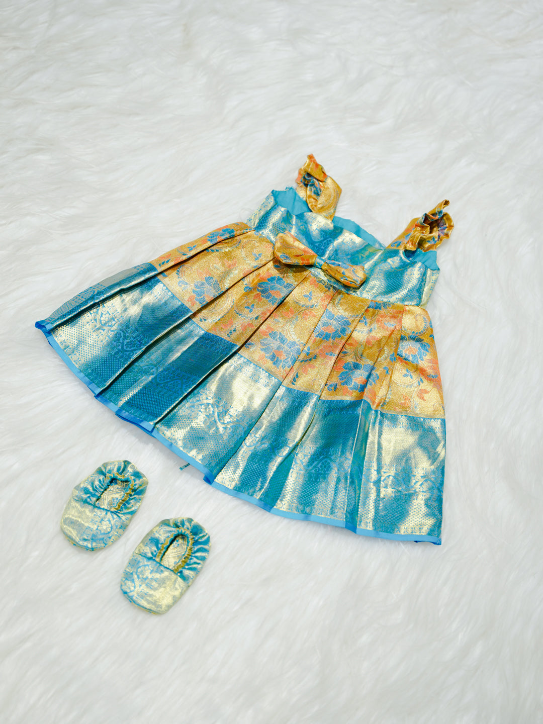 Sky Blue & Gold Floral Silk Baby Gown with Bow