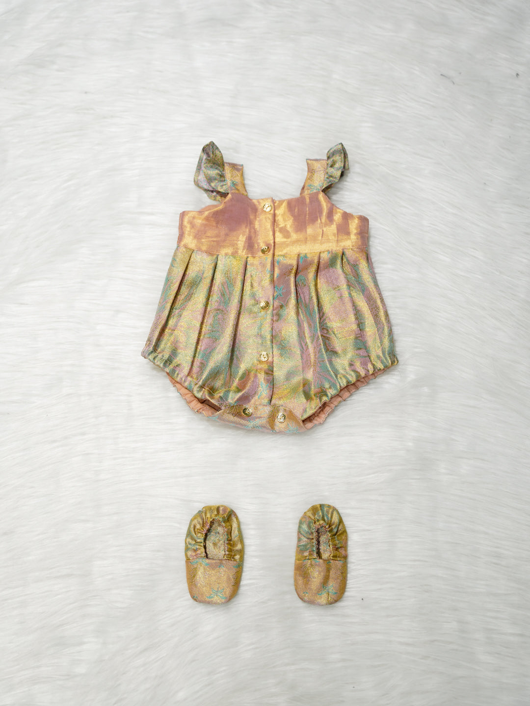 Pastel Gold Silk Newborn Girl Romper Set with Booties