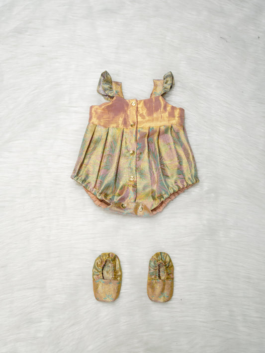 Pastel Gold Silk Newborn Girl Romper Set with Booties