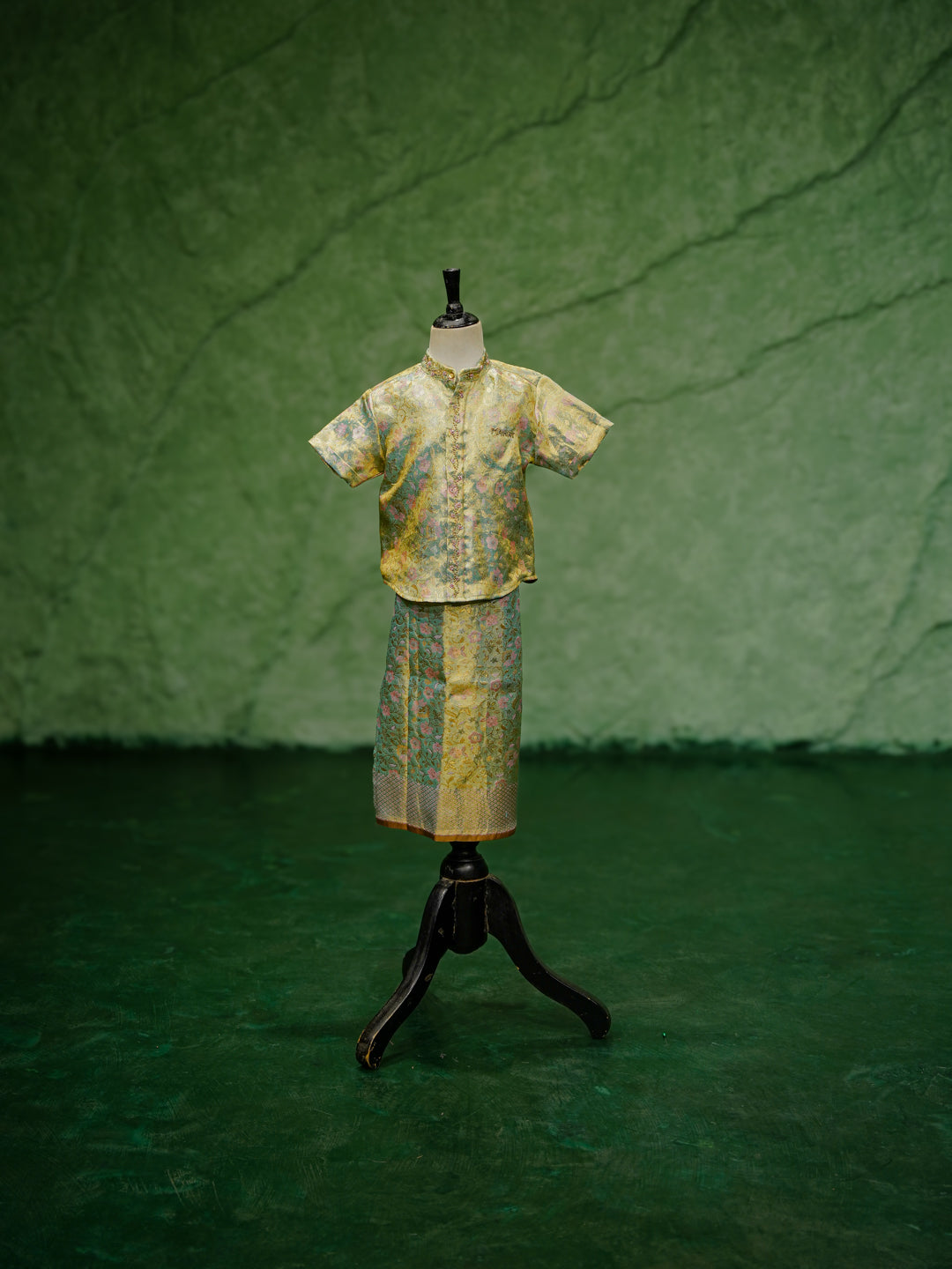 The "Little Lover Set" – Hand-Beaded Pure Kanchipuram Silk Vesti Shirt & Dhoti