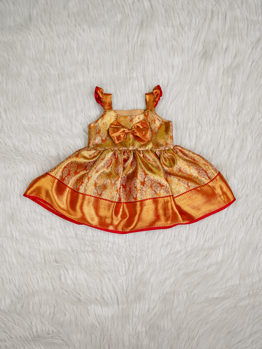 Gold & Red Kids Silk Frock with Bow — Pure Kanchipuram Silk