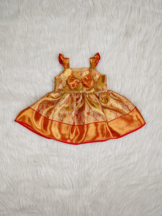 Gold & Red Kids Silk Frock with Bow — Pure Kanchipuram Silk