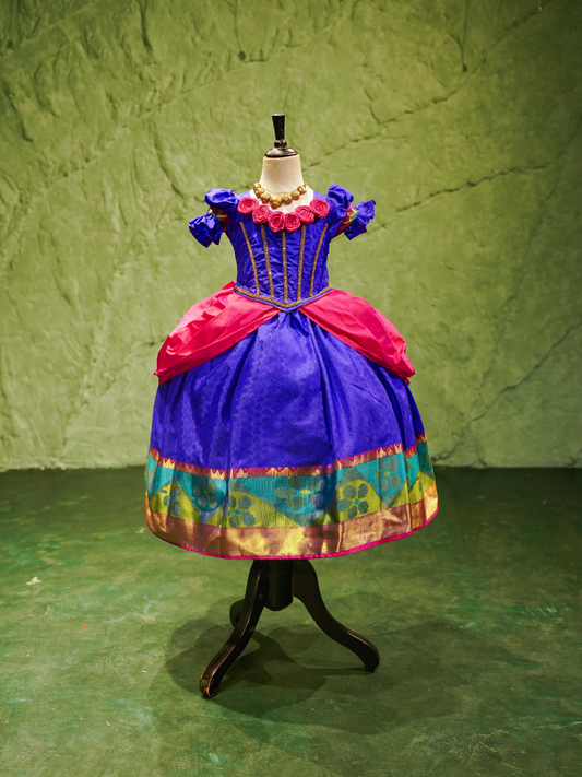 Royal Blue & Rani Pink Kanchipuram Silk Renaissance Gown