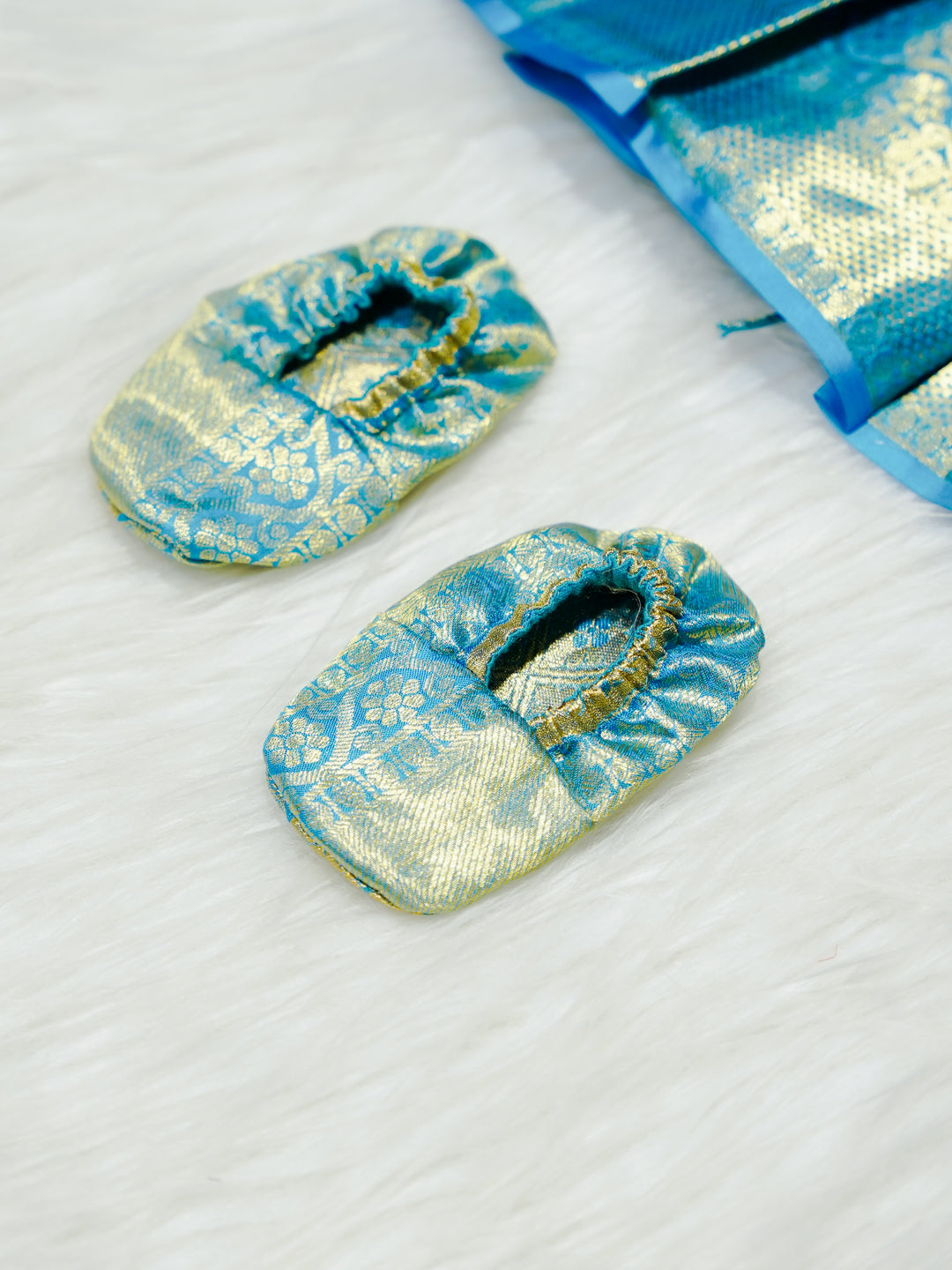 Sky Blue & Gold Floral Silk Baby Gown with Bow