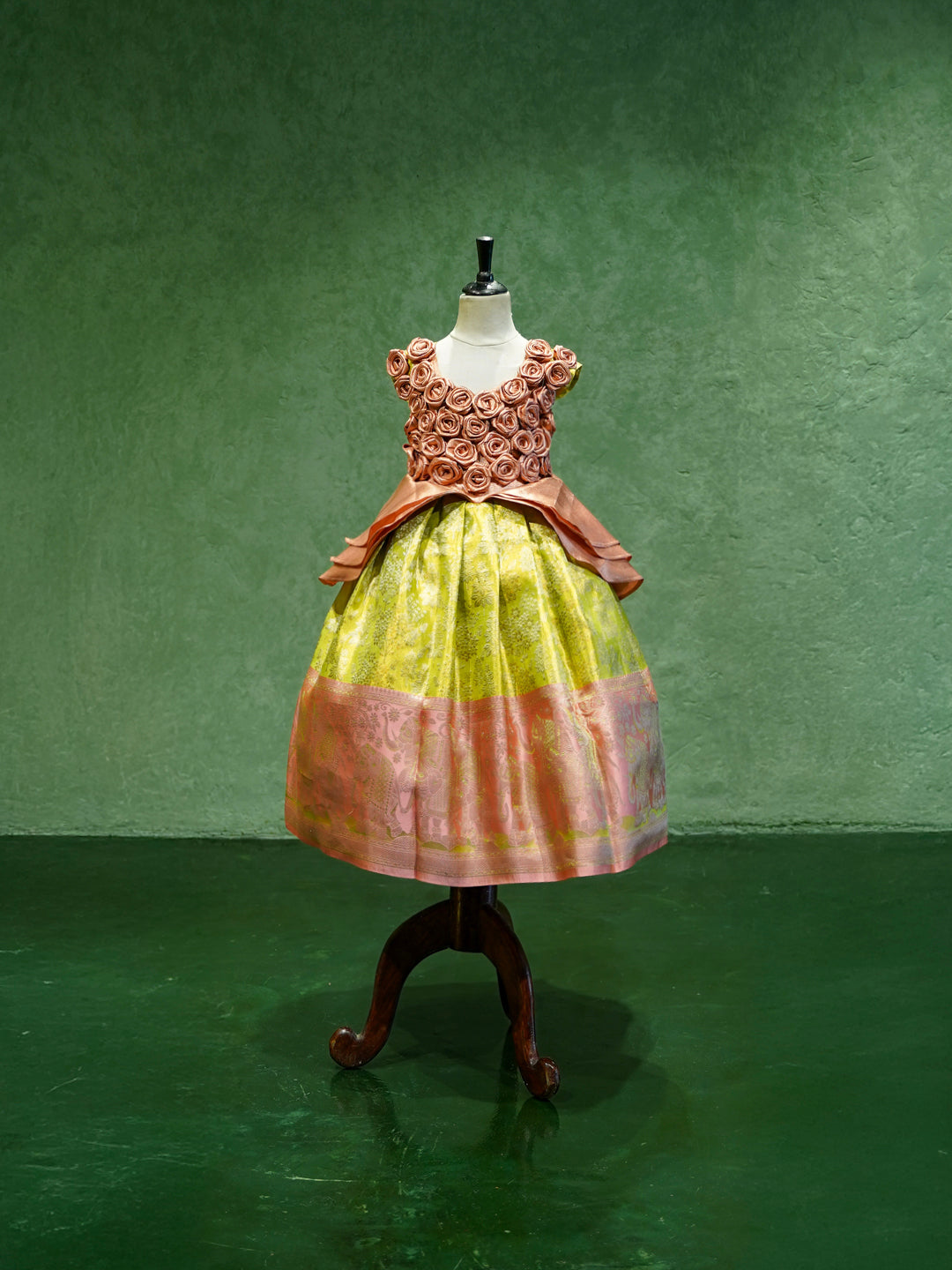 Lime Green Cinderella Silk Gown with Floral Bodice