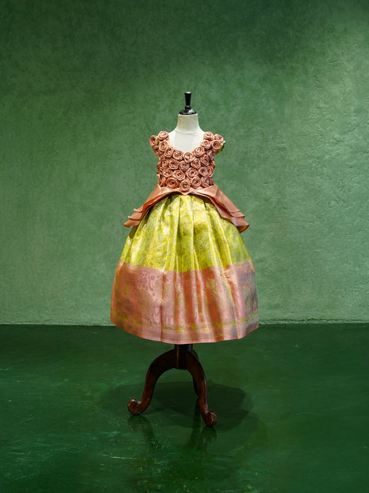 Lime Green Cinderella Silk Gown with Floral Bodice