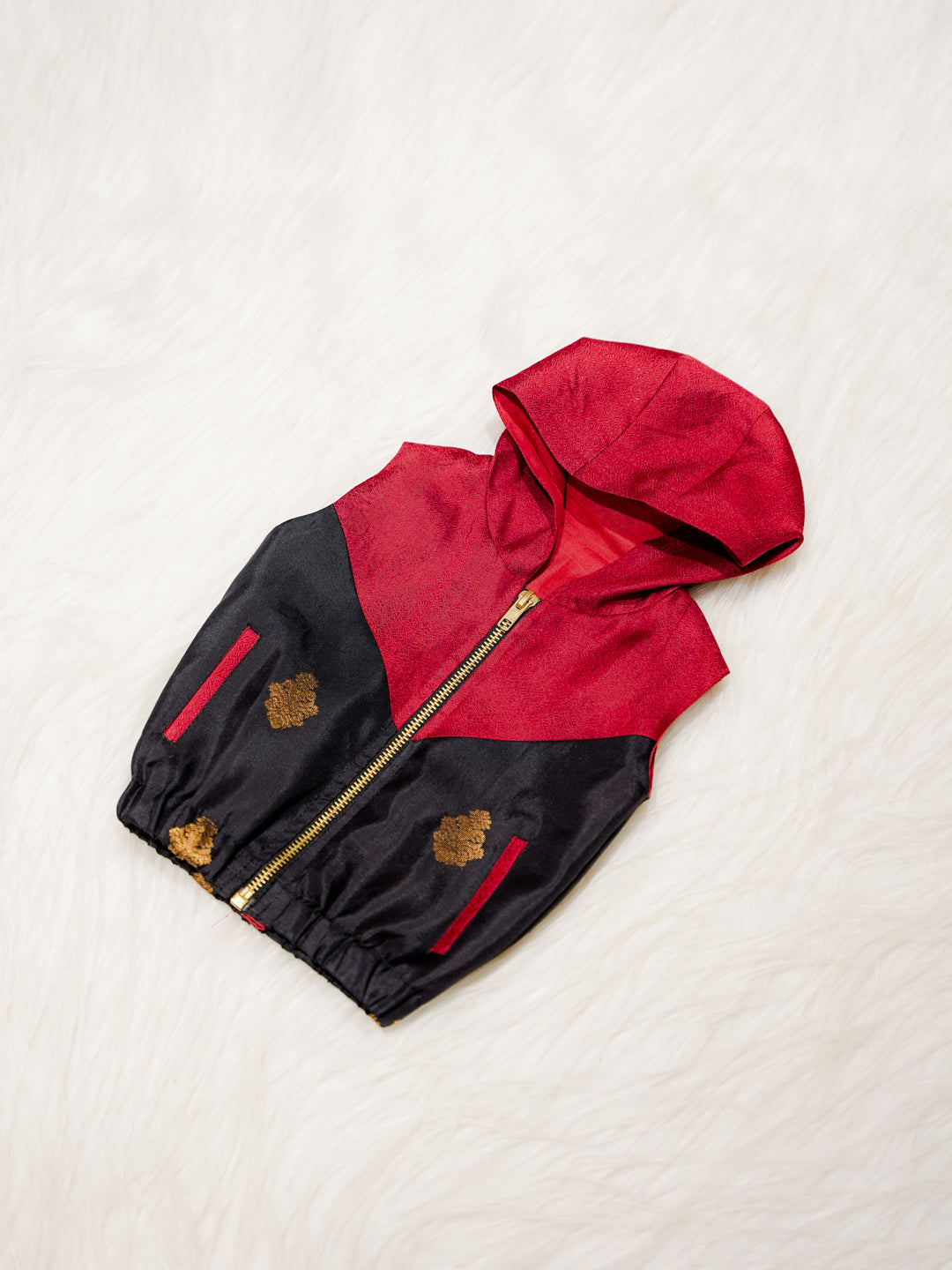 Red Newborn Unisex Hooded Jacket with Zari Motifs