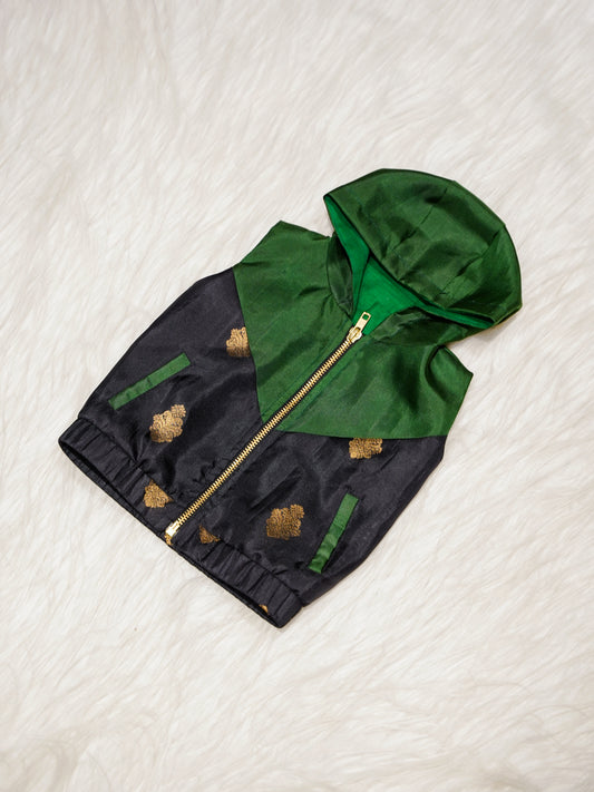 Emerald Green Newborn Hooded Jacket with Zari Motifs