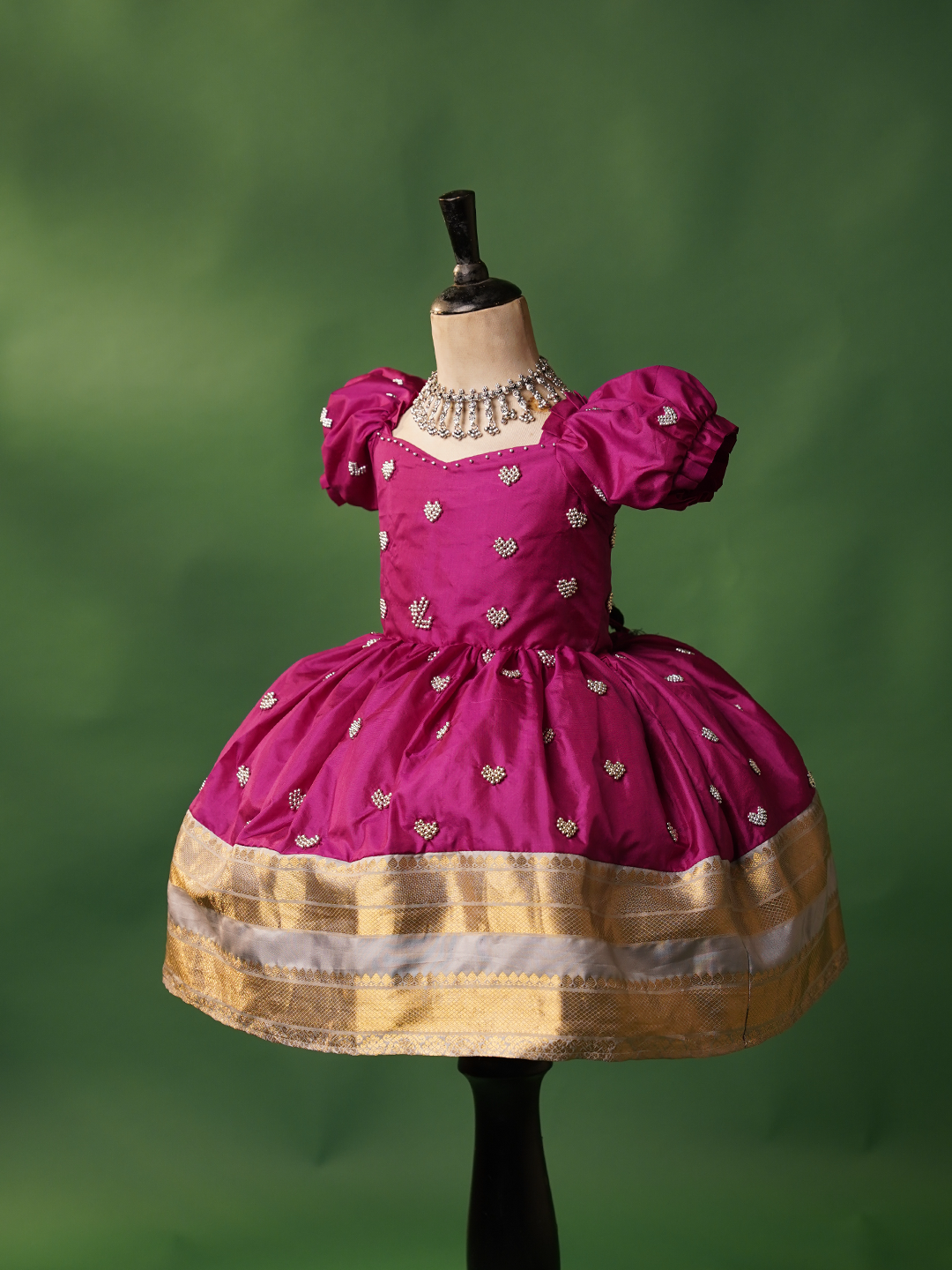 Kids Dark Pink Pure Silk Gown with Heart Embroidery – Elegant Dress for baby girls