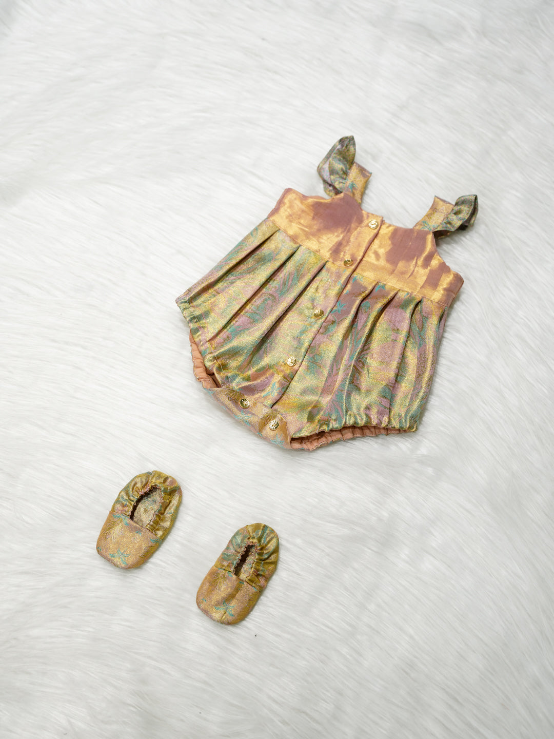 Pastel Gold Silk Newborn Girl Romper Set with Booties