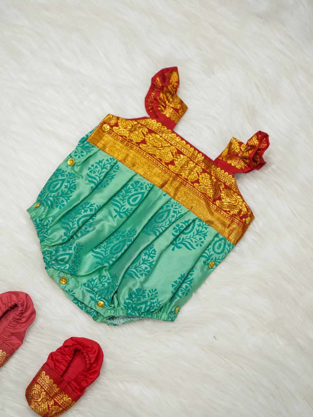 Aqua Teal & Red Silk Newborn Romper Set