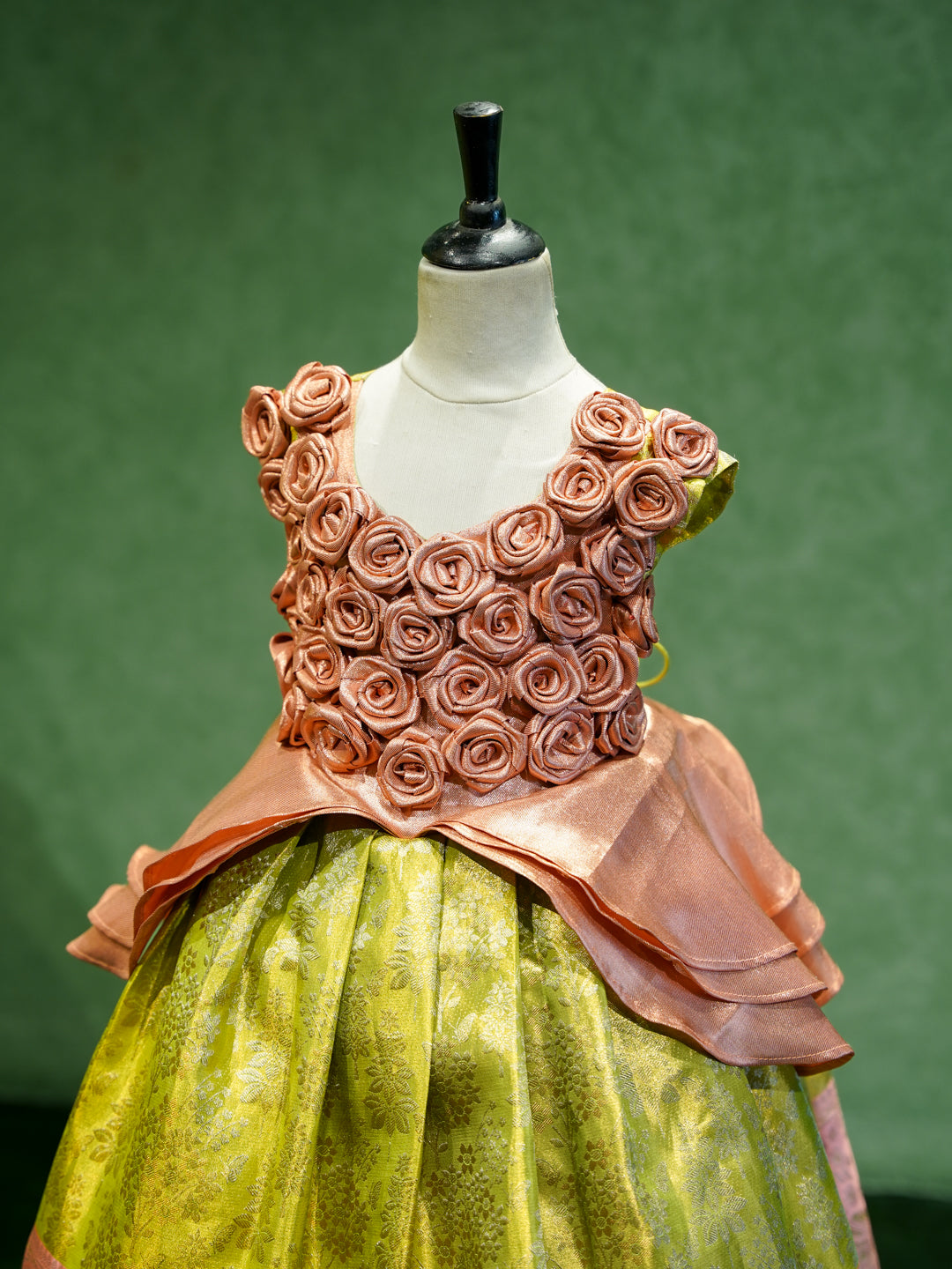 Lime Green Cinderella Silk Gown with Floral Bodice