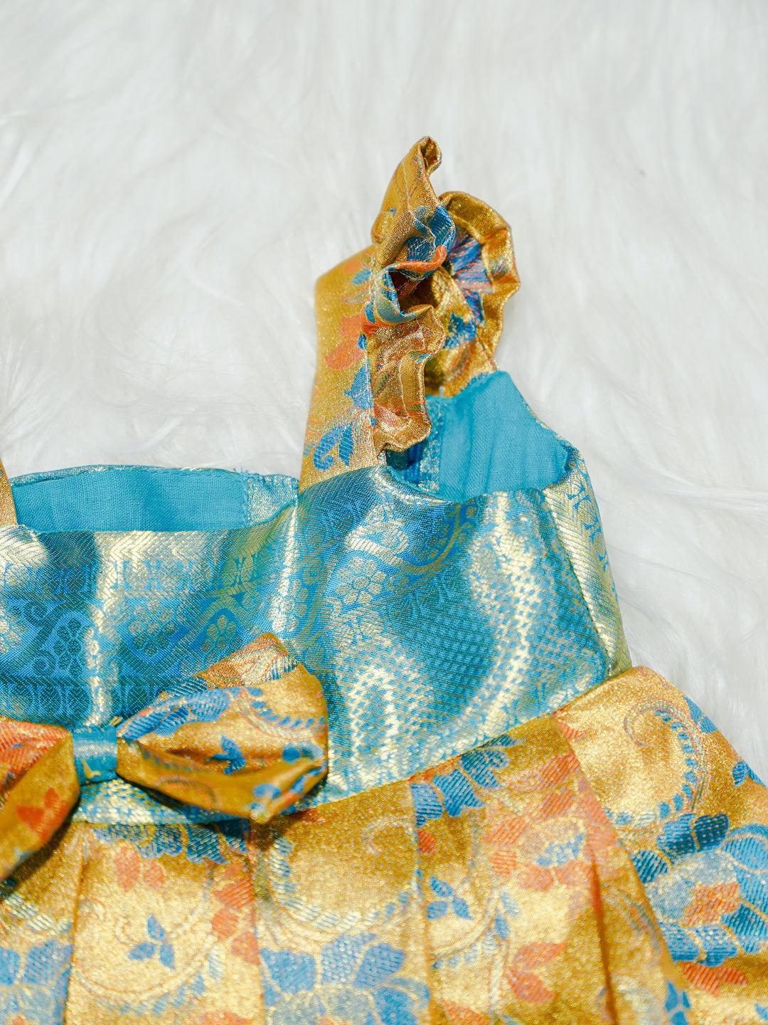 Sky Blue & Gold Floral Silk Baby Gown with Bow