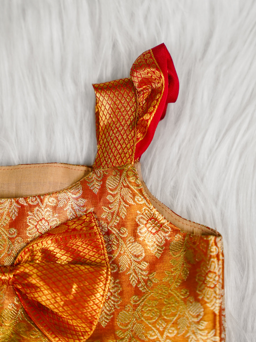 Gold & Red Kids Silk Frock with Bow — Pure Kanchipuram Silk