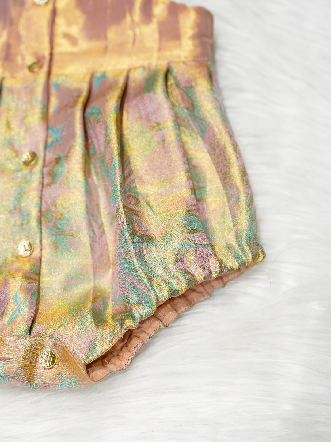 Pastel Gold Silk Newborn Girl Romper Set with Booties