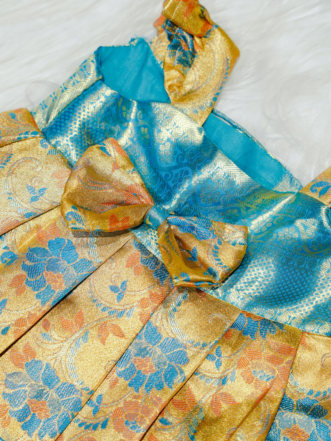 Sky Blue & Gold Floral Silk Baby Gown with Bow