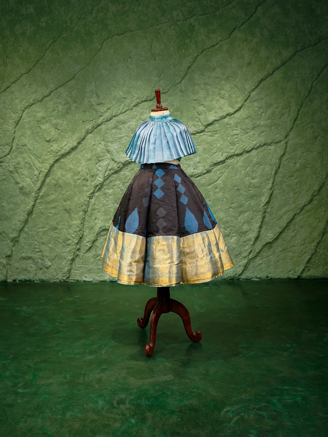 Black & Teal Diamond Weave Kanchipuram Kids Gown with Golden Border