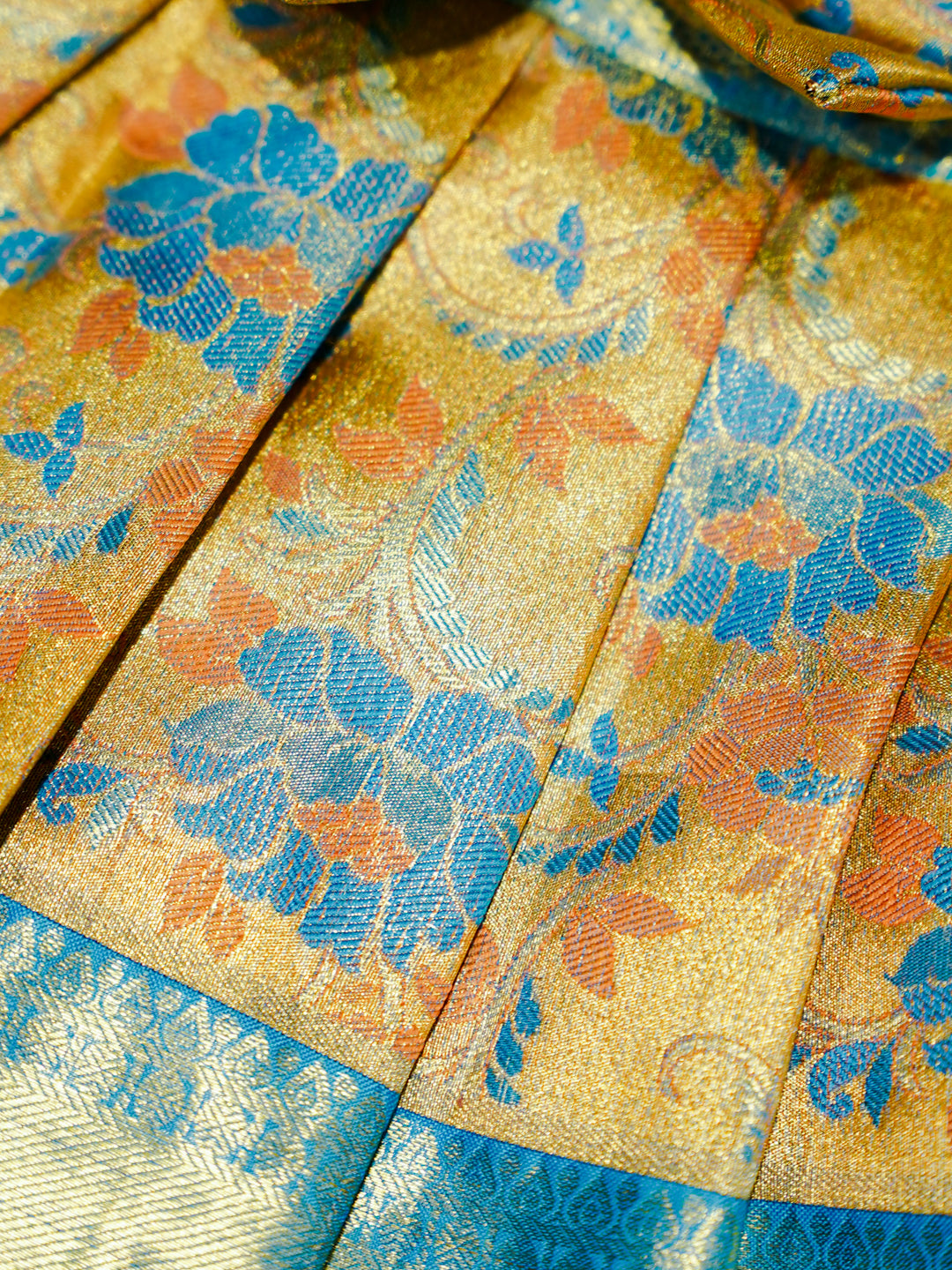 Sky Blue & Gold Floral Silk Baby Gown with Bow