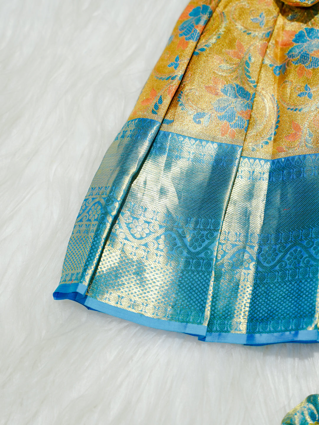 Sky Blue & Gold Floral Silk Baby Gown with Bow