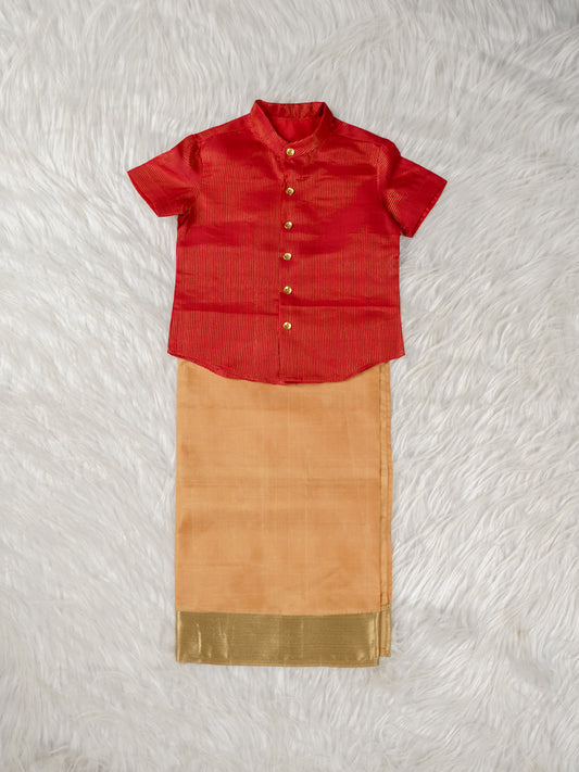 Classic Varnam Silk Dhoti Set – Mango Gold & Vermilion Red