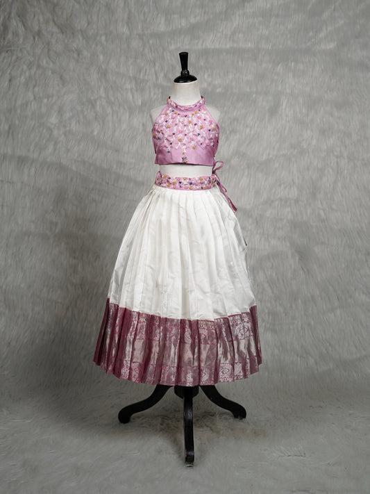 Lilac Mogra – Embroidered Pattu Pavadai for Girls