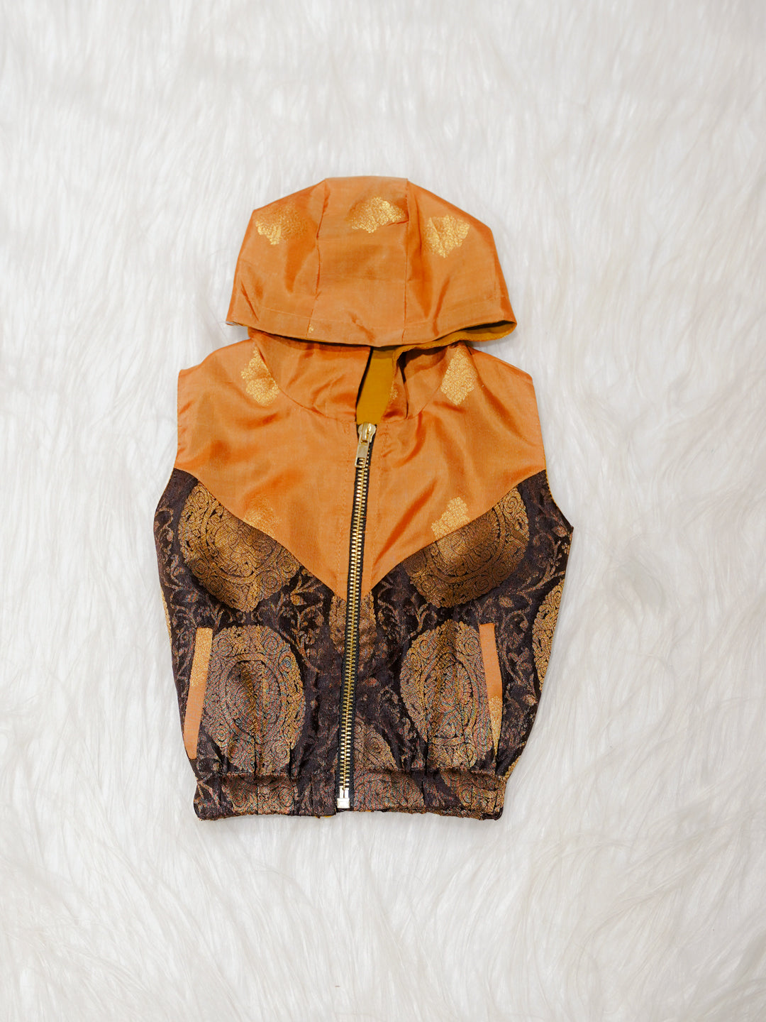 Mustard Orange Newborn Unisex Hooded Jacket with Zari Motifs