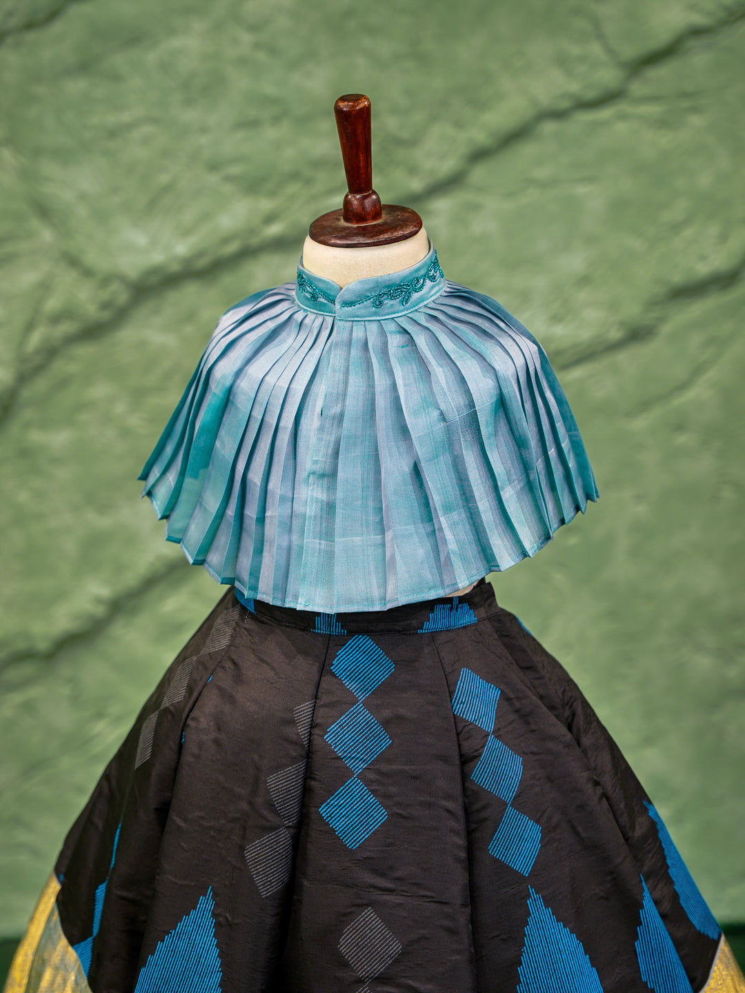 Black & Teal Diamond Weave Kanchipuram Kids Gown with Golden Border