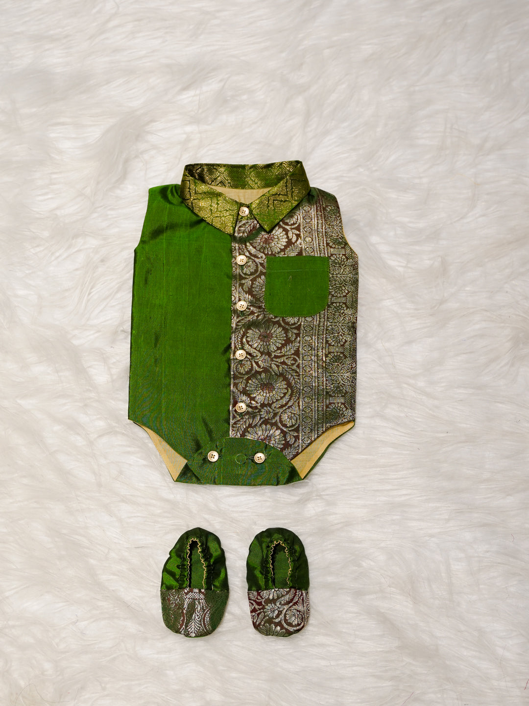 Green Boy Romper with Zari Panel