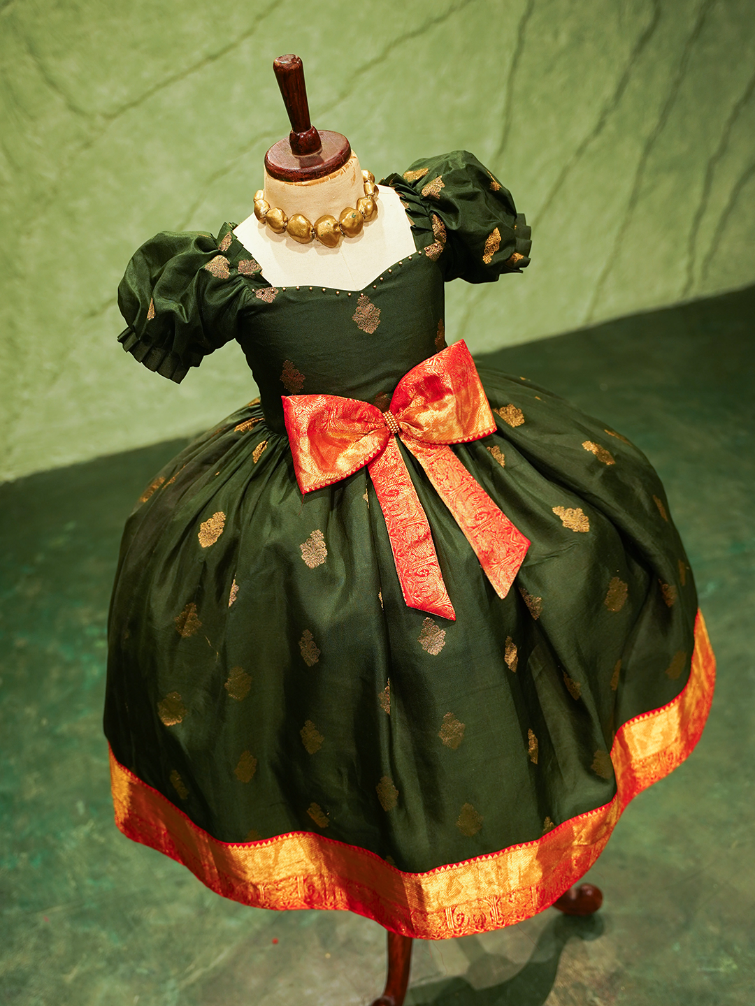 Bottle Green & Red Kanchipuram Silk Bow Gown