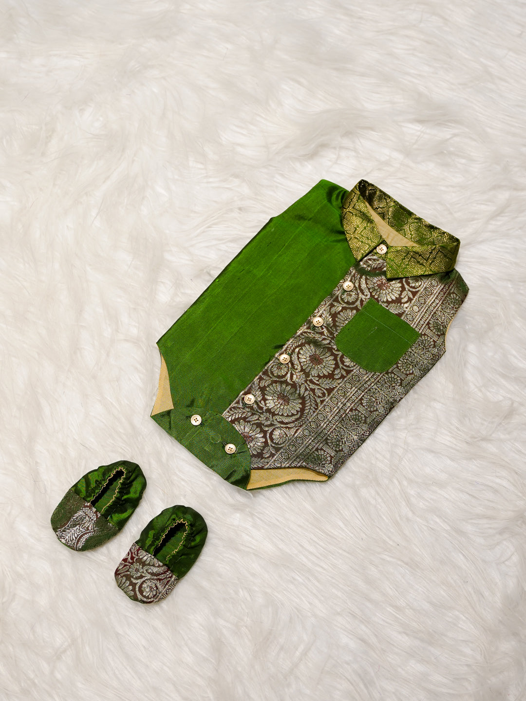 Green Boy Romper with Zari Panel