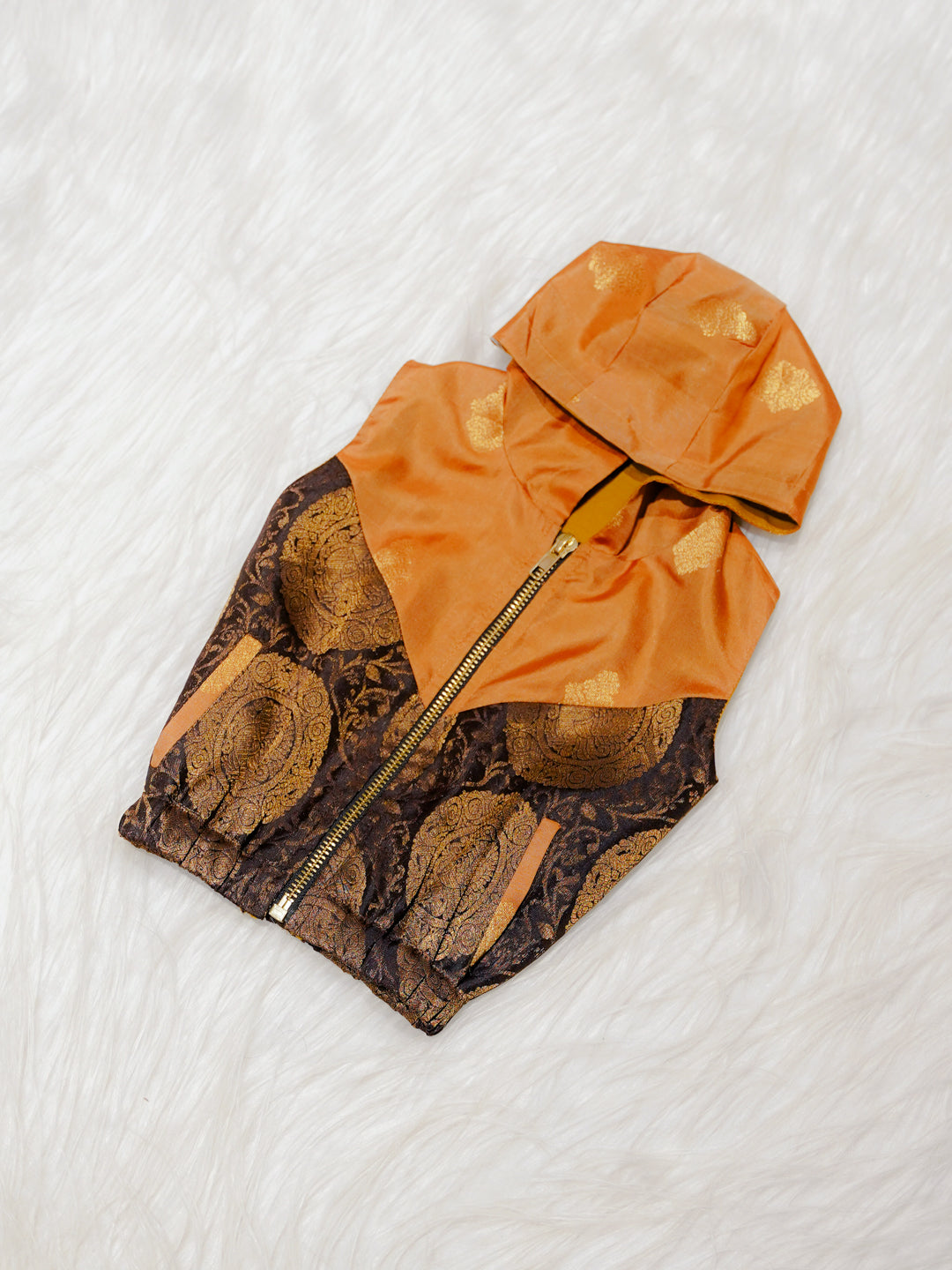 Mustard Orange Newborn Unisex Hooded Jacket with Zari Motifs