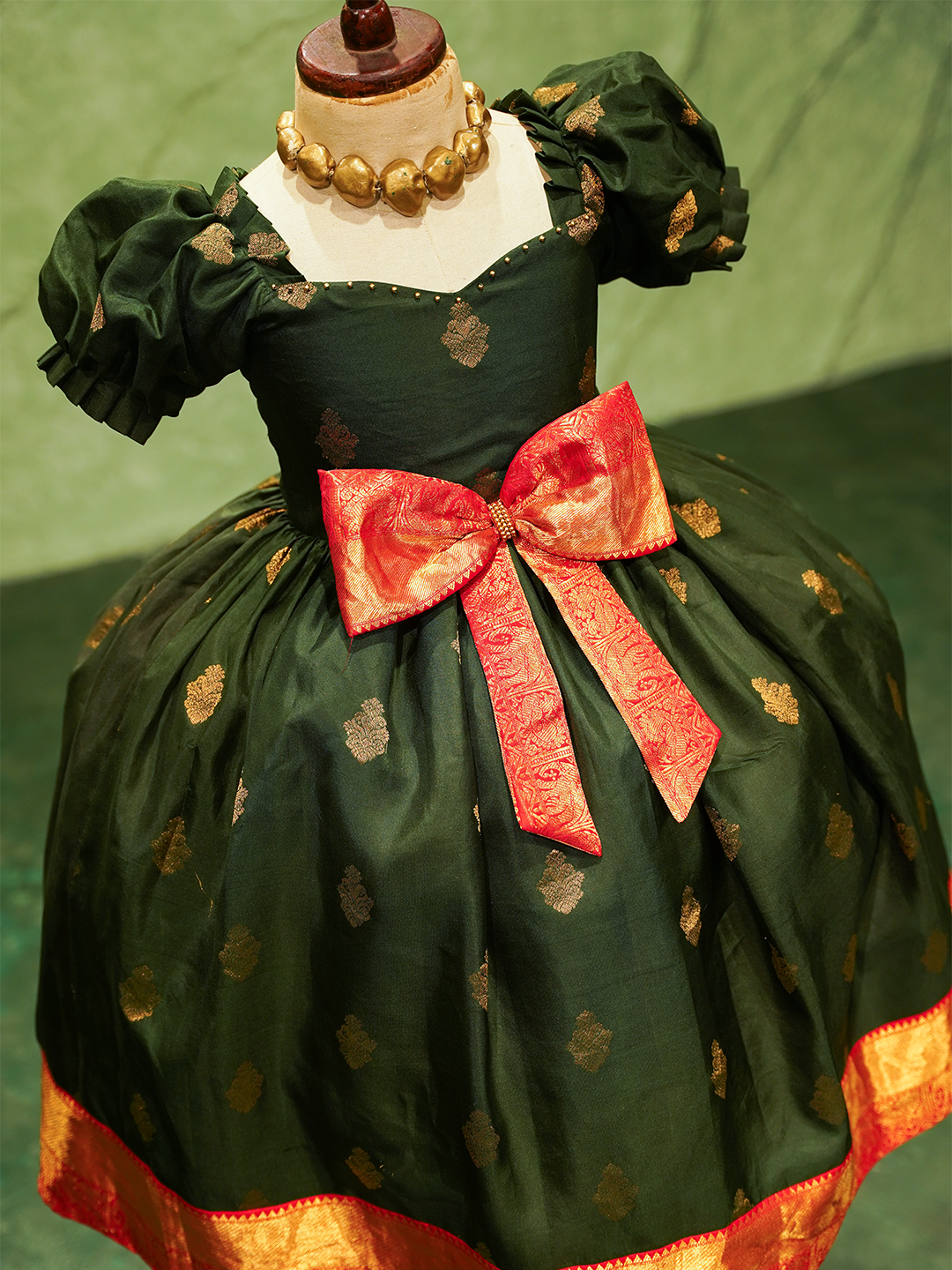 Bottle Green & Red Kanchipuram Silk Bow Gown