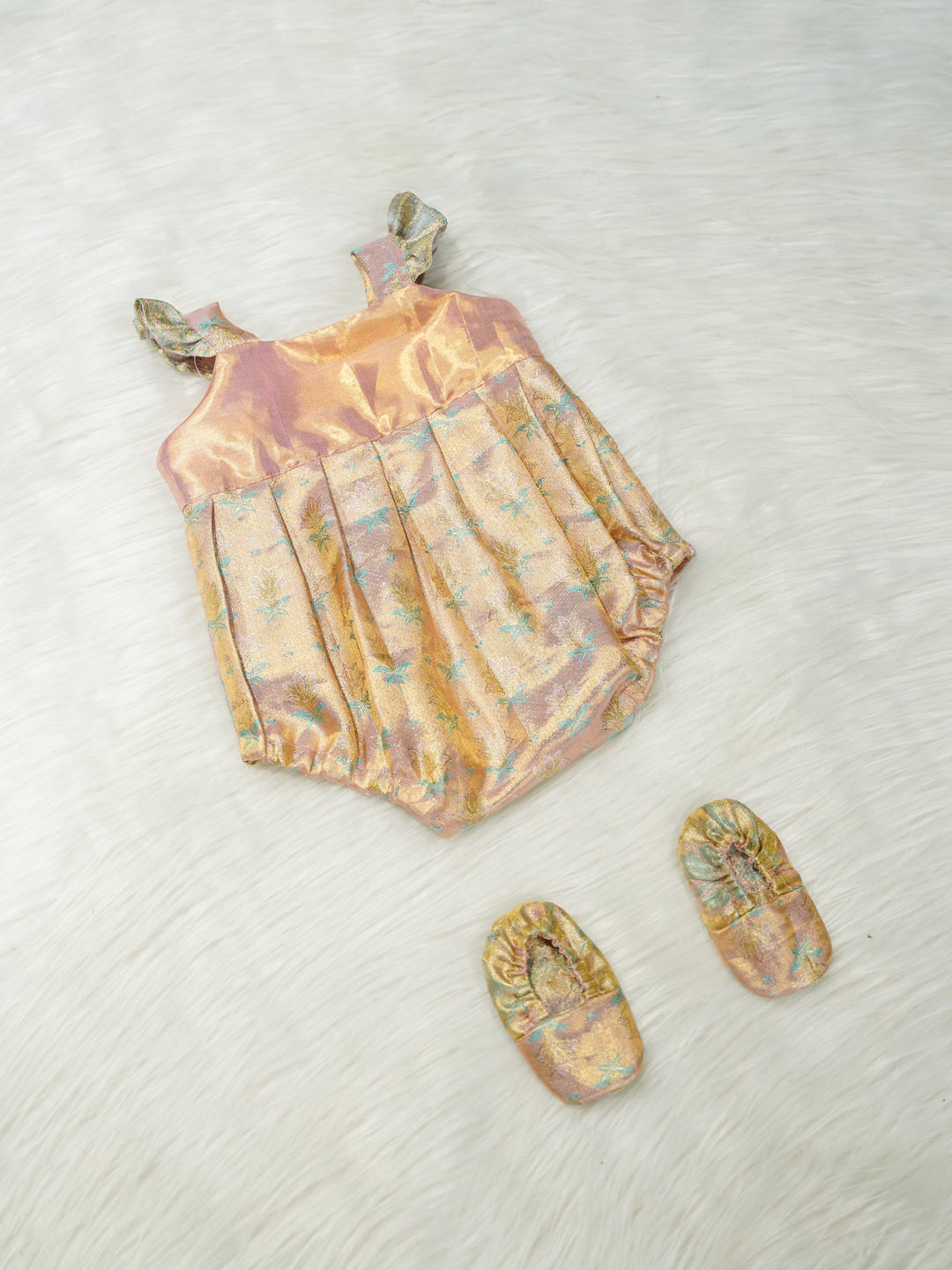 Pastel Gold Silk Newborn Girl Romper Set with Booties