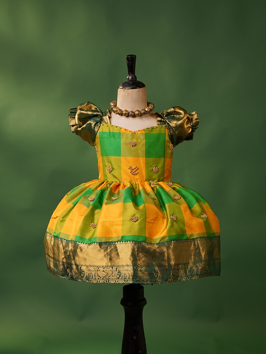 Kids Yellow & Green Pure Silk Dress with Gold Zari Border – Checked Traditional Attire