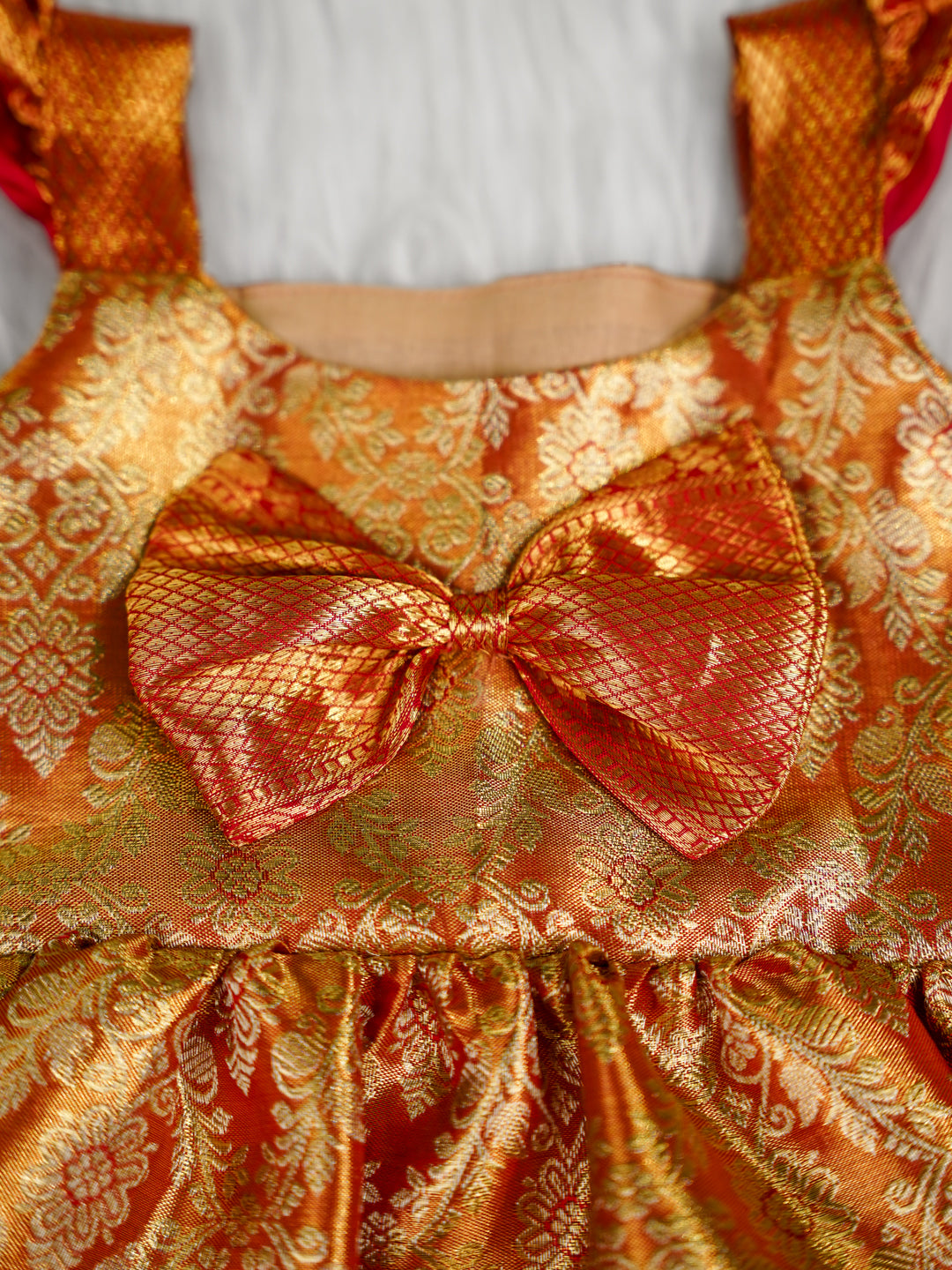 Gold & Red Kids Silk Frock with Bow — Pure Kanchipuram Silk