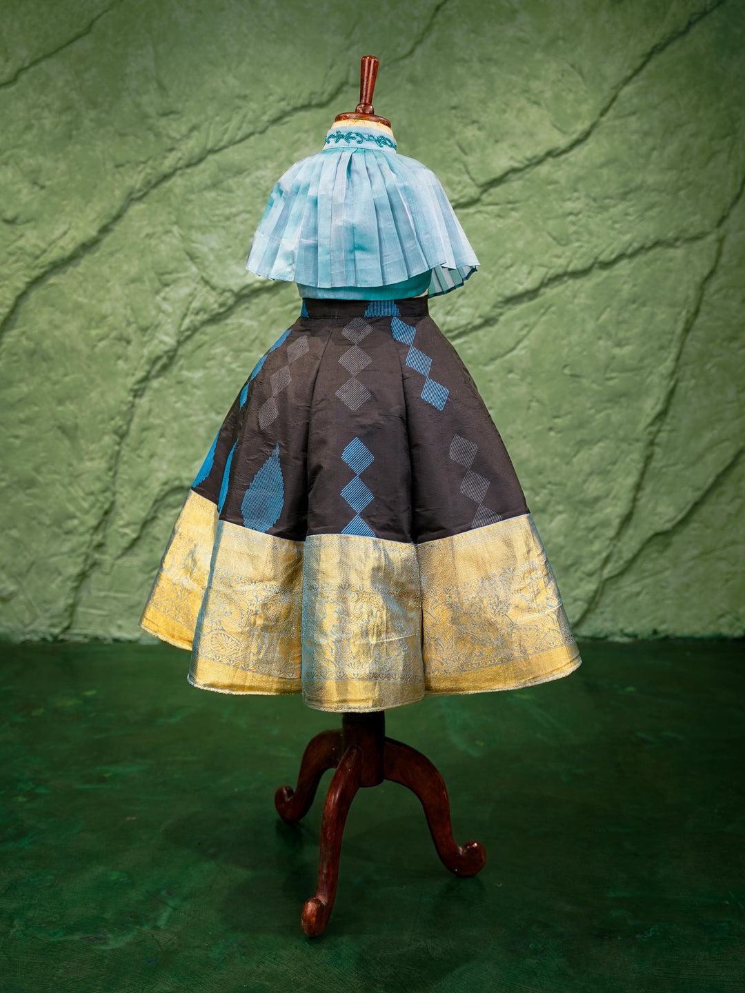 Black & Teal Diamond Weave Kanchipuram Kids Gown with Golden Border