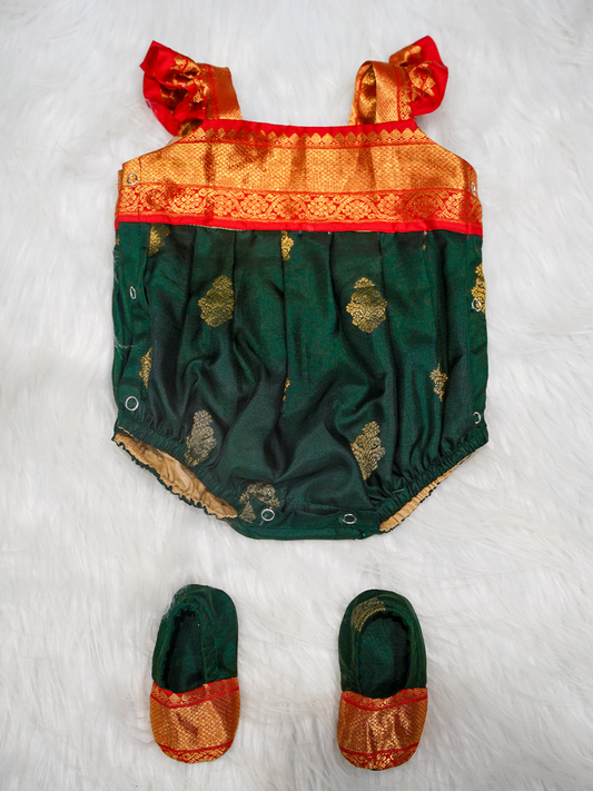 Bottle Green & Gold Kanchipuram Silk Romper Set