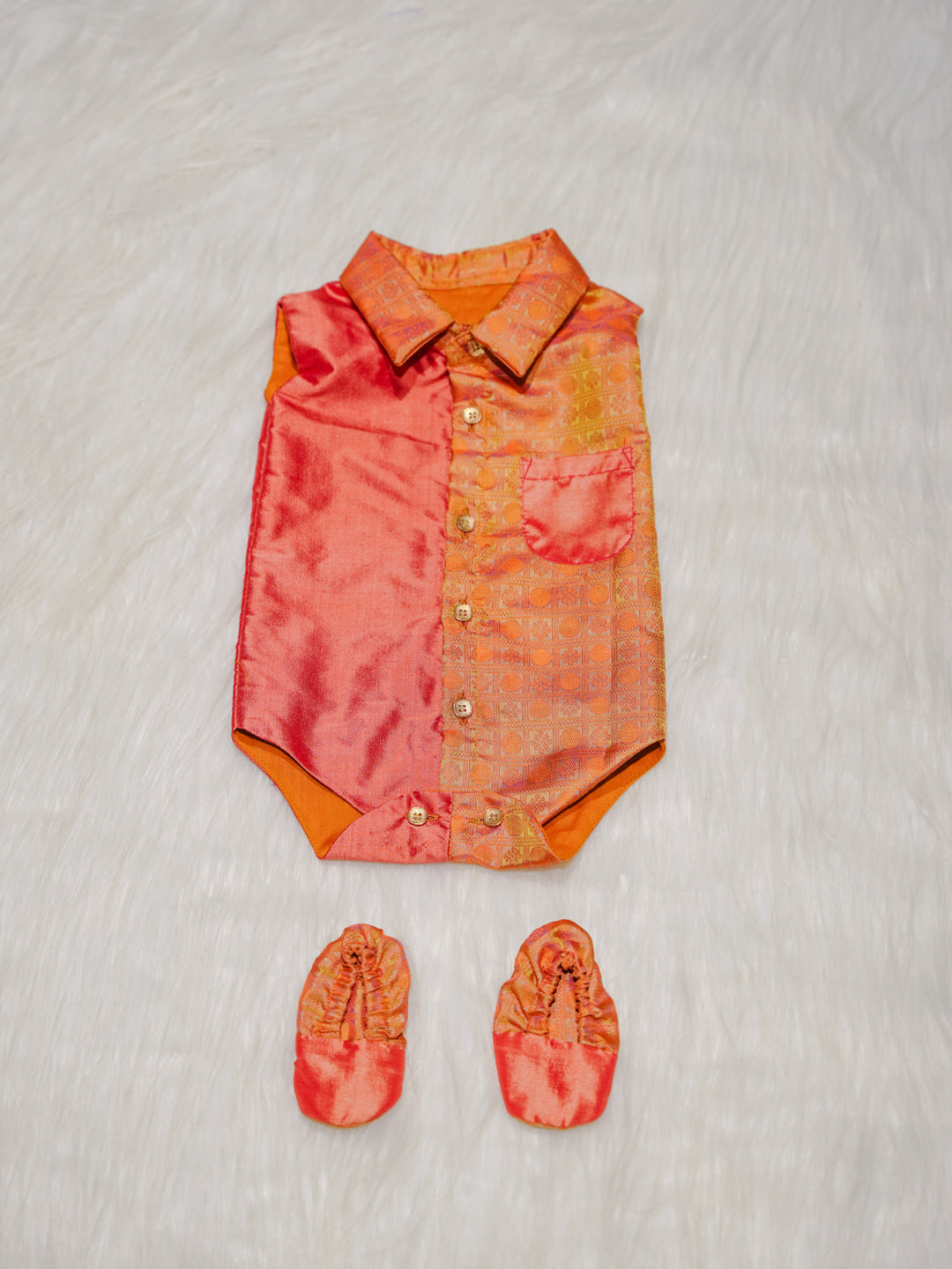 Coral Orange Kanchipuram Silk Shirt-Style Baby Romper with Shoes