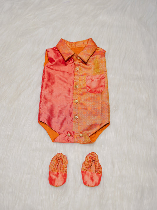 Coral Orange Kanchipuram Silk Shirt-Style Baby Romper with Shoes