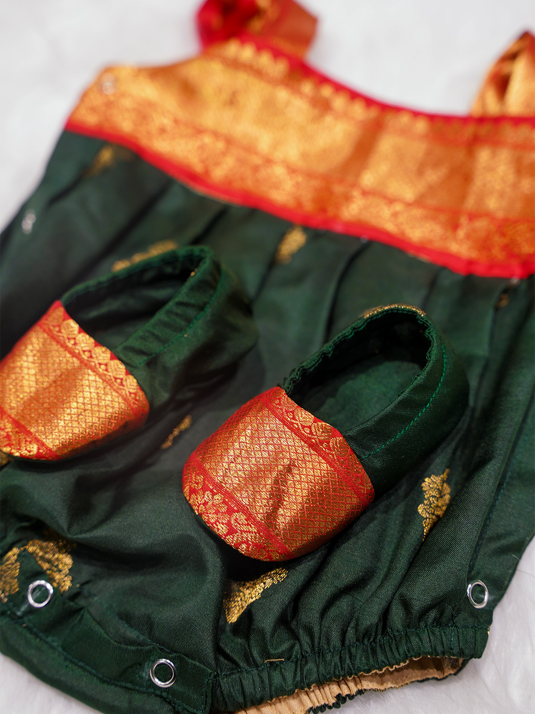 Bottle Green & Gold Kanchipuram Silk Romper Set