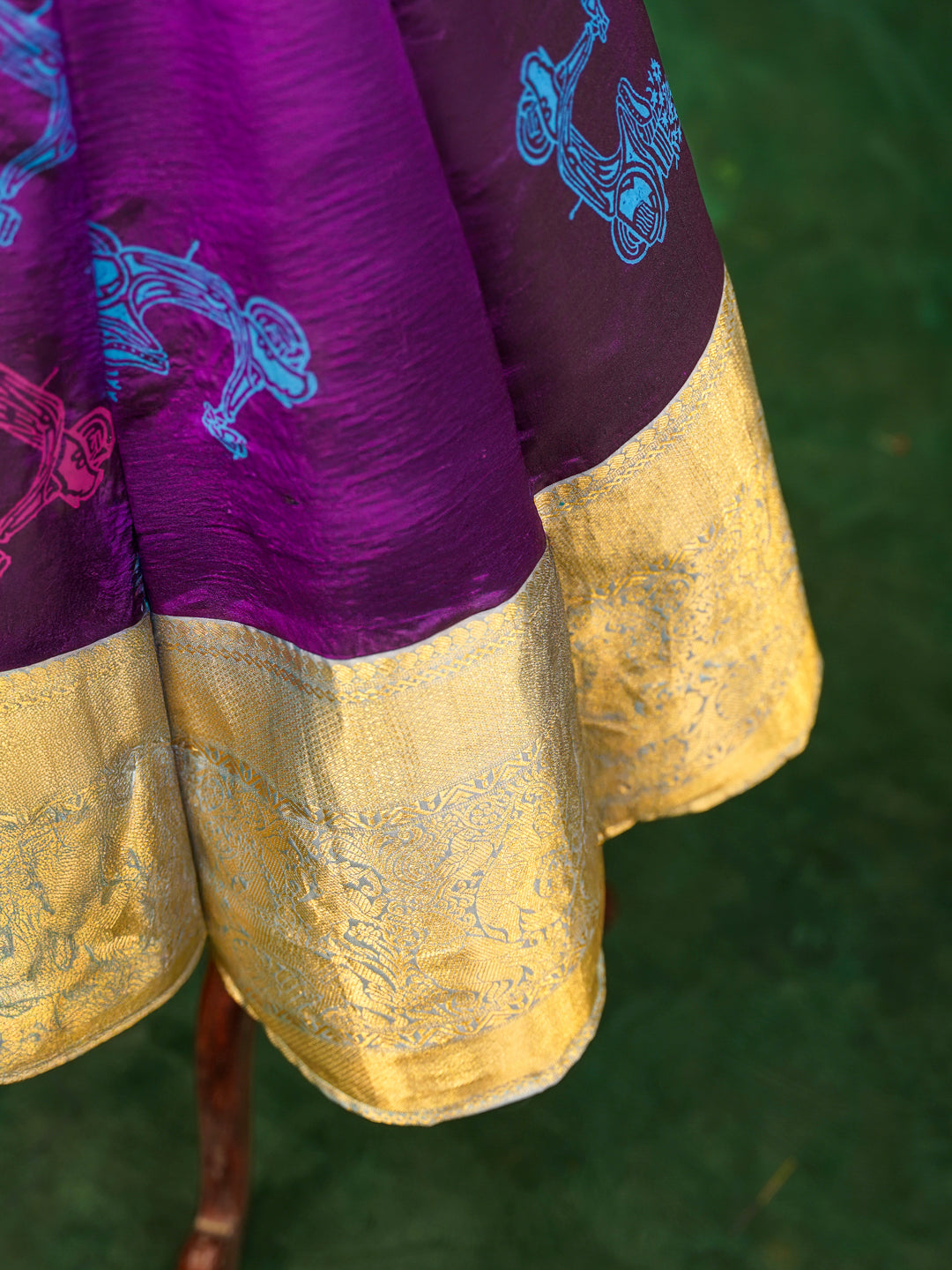 Royal Purple & Gold Kanchipuram Kids Gown with Pleated Cape