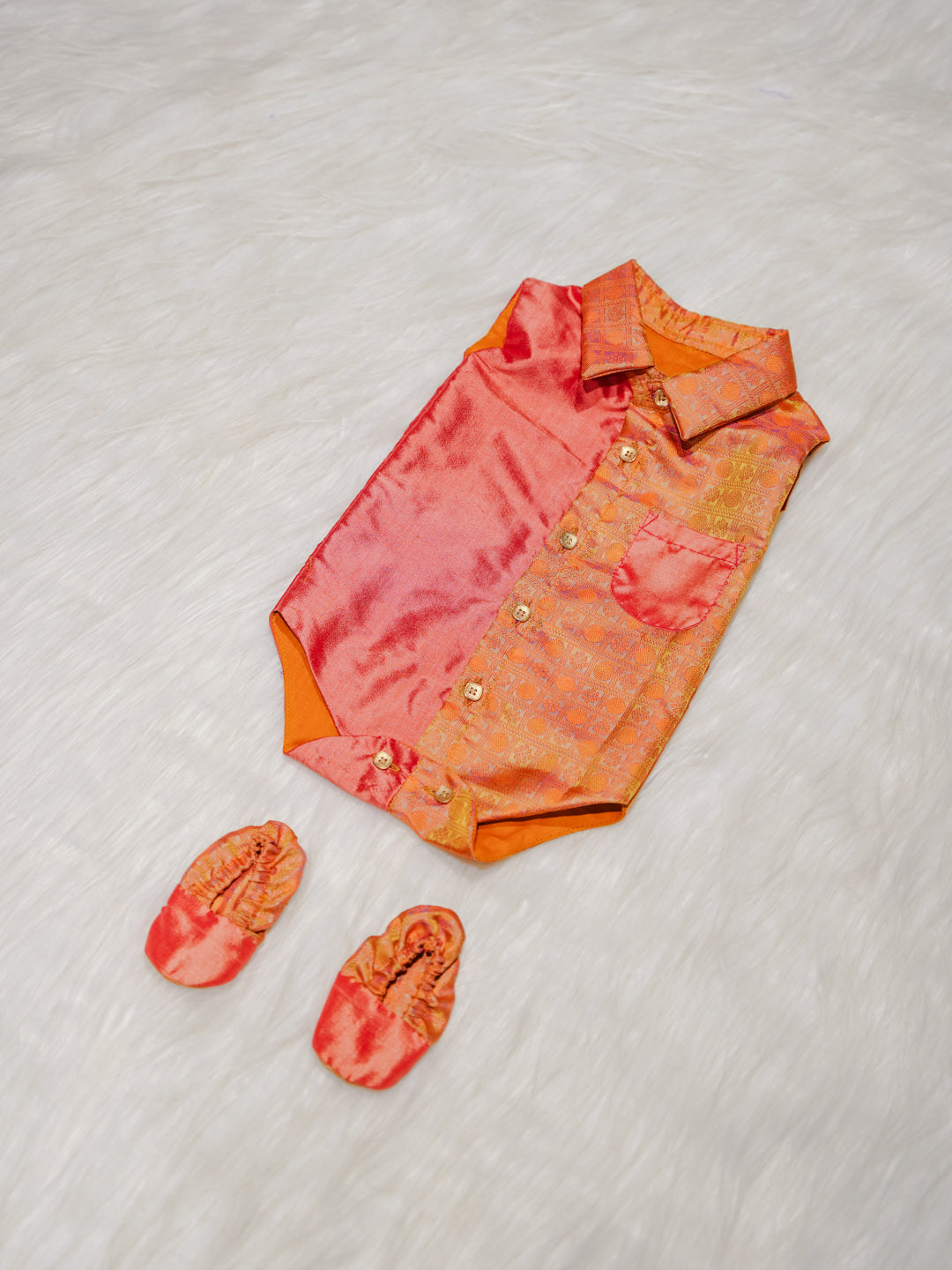 Coral Orange Kanchipuram Silk Shirt-Style Baby Romper with Shoes