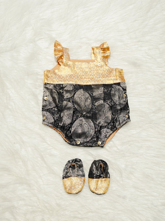 Black & Gold Jacquard Newborn Girl Romper