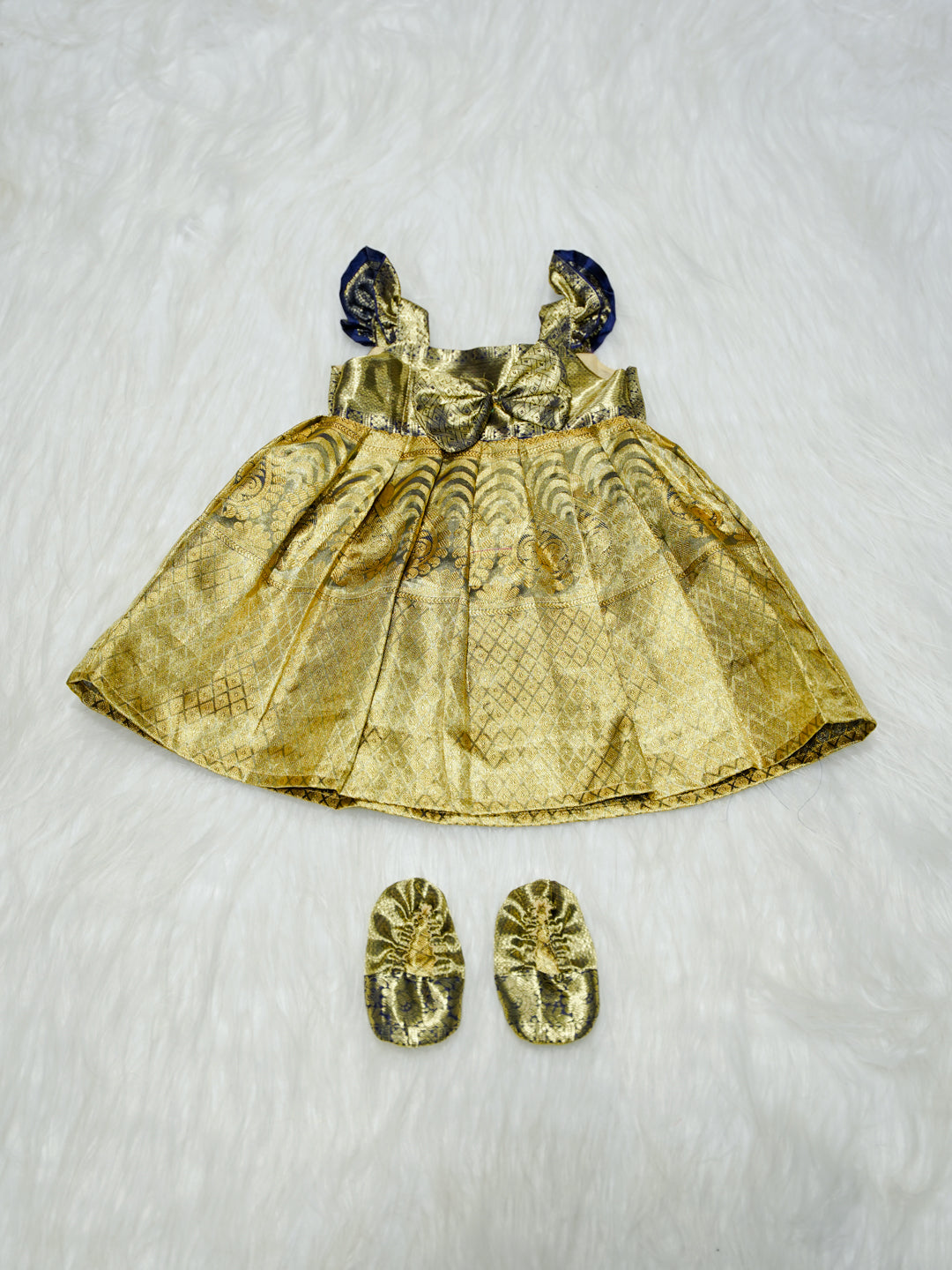 Gold & Navy Kanchipuram Silk Baby Gown with Bow