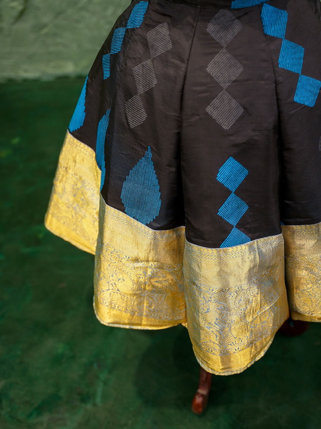 Black & Teal Diamond Weave Kanchipuram Kids Gown with Golden Border