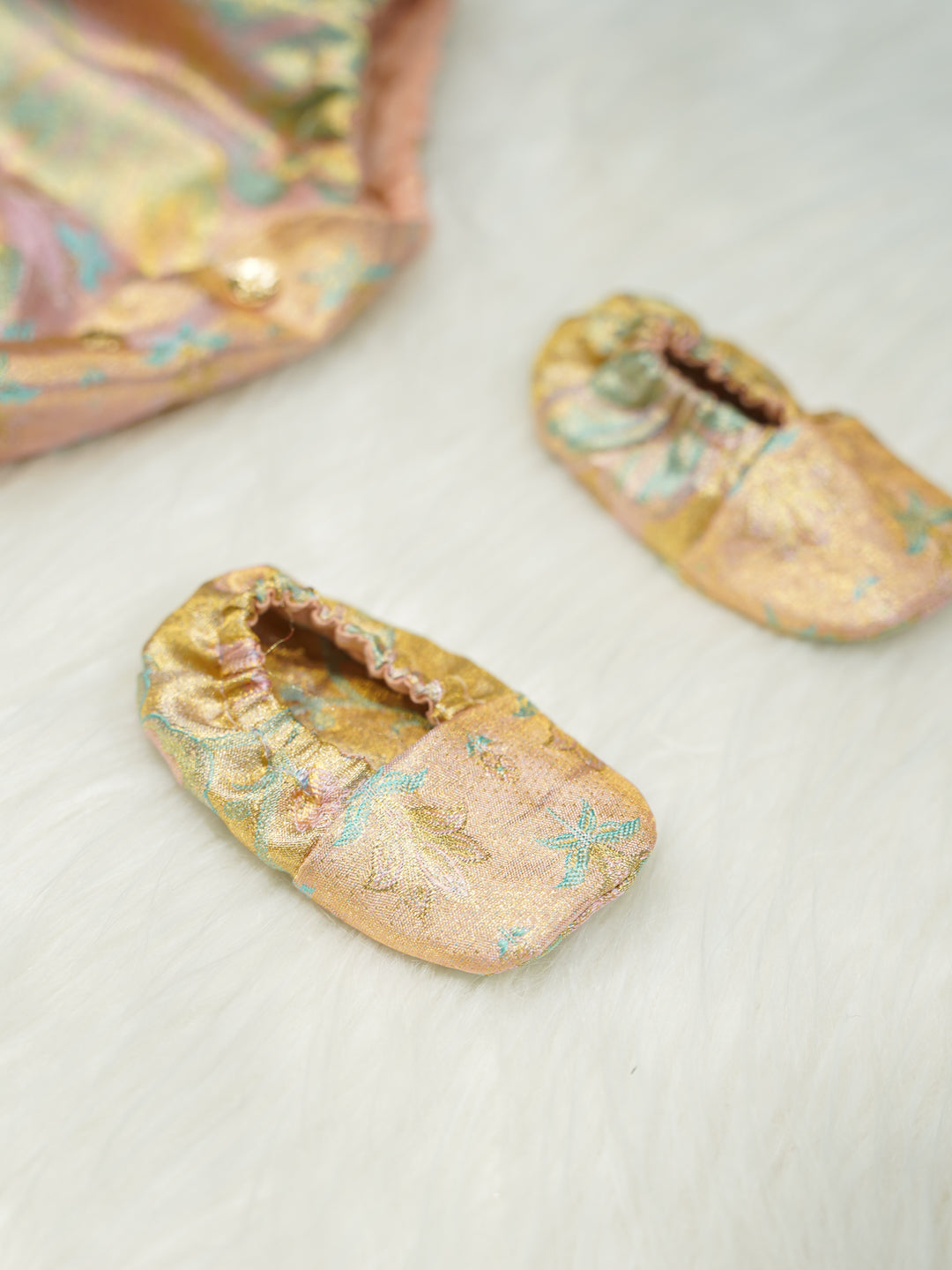 Pastel Gold Silk Newborn Girl Romper Set with Booties