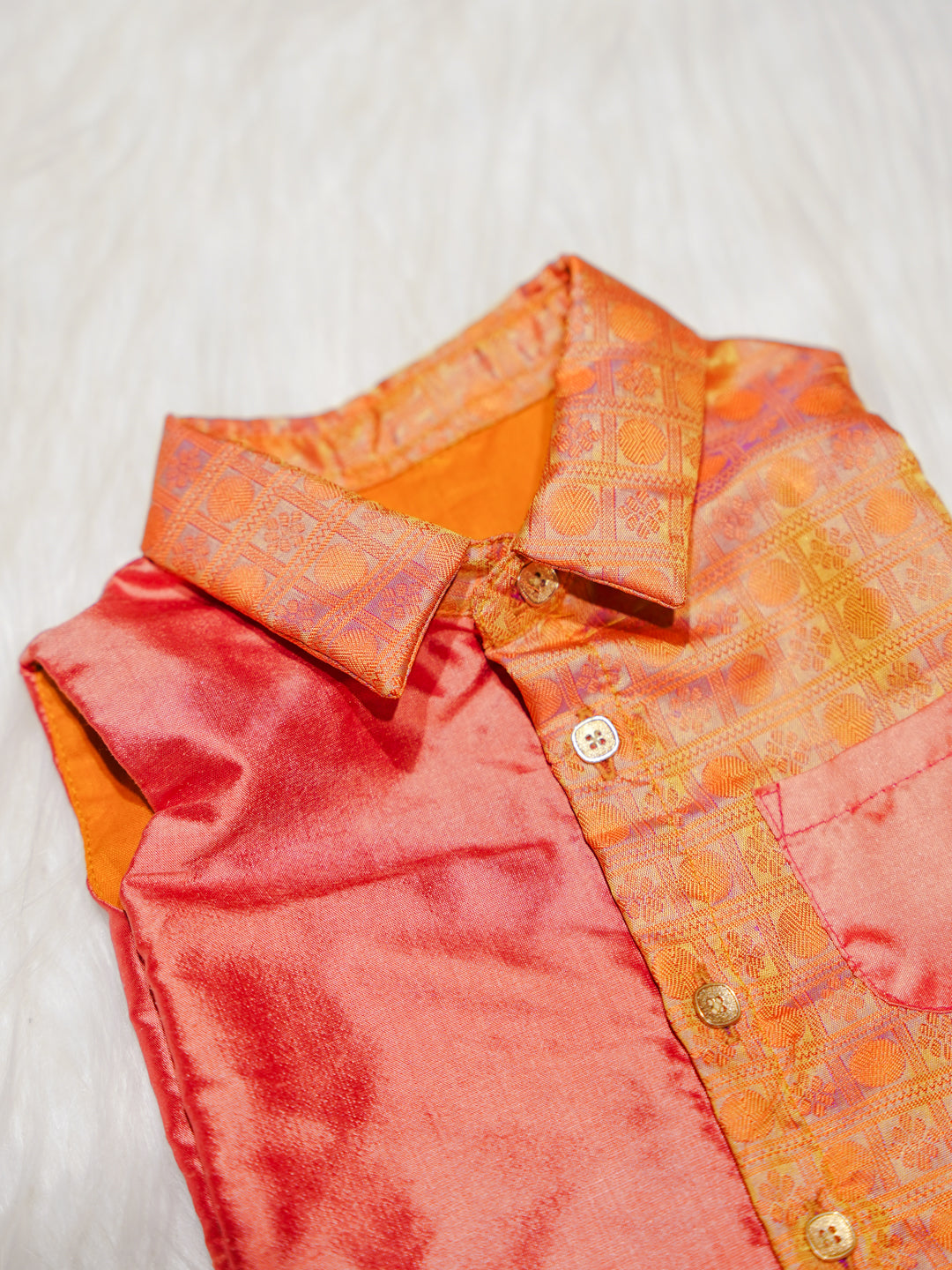 Coral Orange Kanchipuram Silk Shirt-Style Baby Romper with Shoes