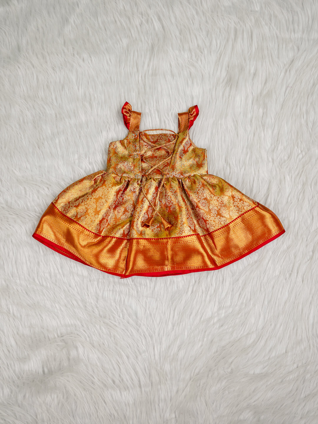 Gold & Red Kids Silk Frock with Bow — Pure Kanchipuram Silk