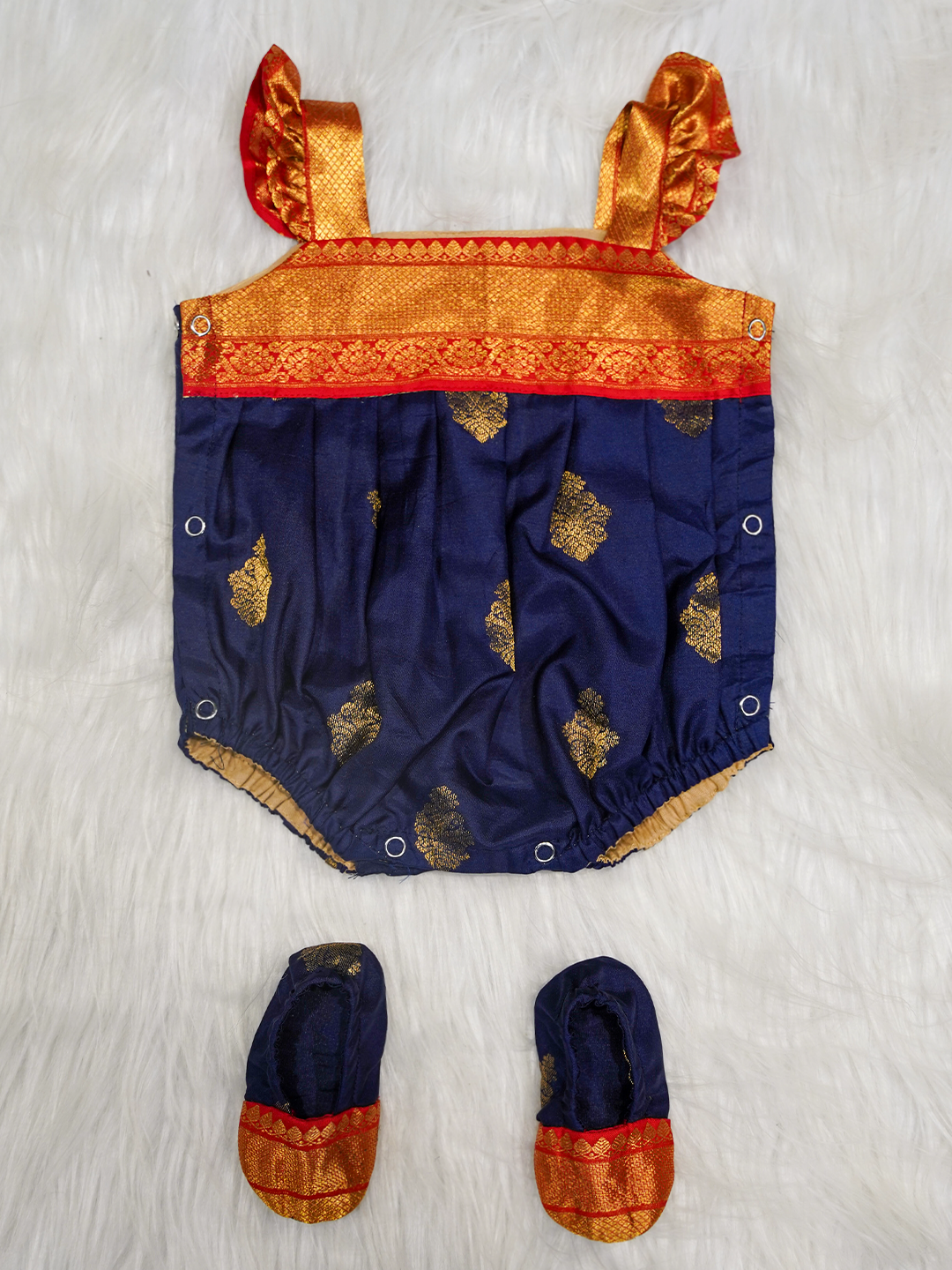 Navy Blue & Gold Kanchipuram Silk Romper Set