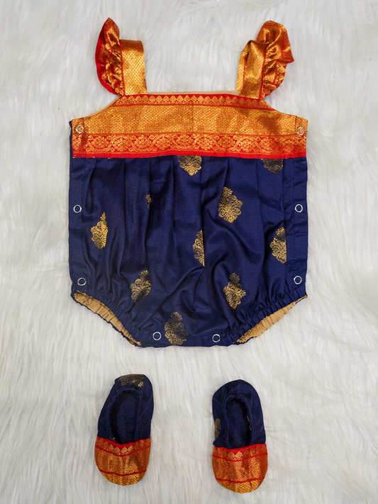 Navy Blue & Gold Kanchipuram Silk Romper Set